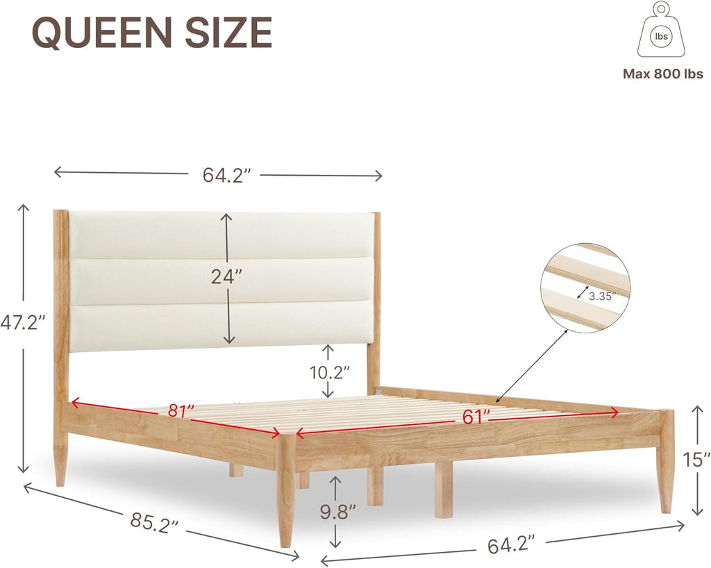 KISLOT Wood Bed Frame with Upholstered Headboard Wooden Platform with Silent Slat Support Mattress Foundation No Box Spring Needed, Easy Assembly
