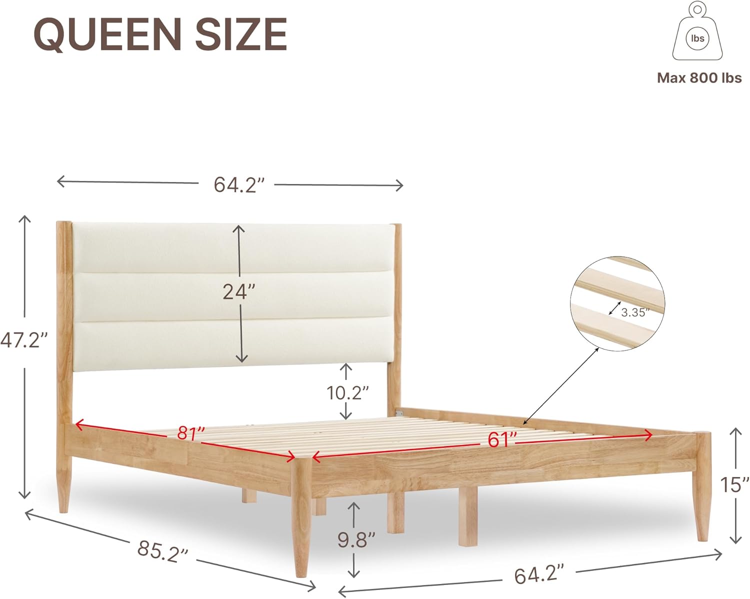 KISLOT Wood Bed Frame with Upholstered Headboard Wooden Platform with Silent Slat Support Mattress Foundation No Box Spring Needed, Easy Assembly