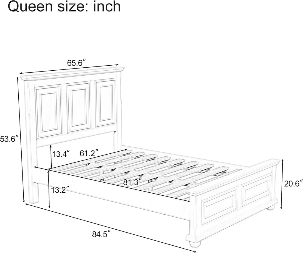 Merax Queen Size Bed Frames Traditional Town and Country Style Pinewood Vintage Bed,No Box Spring Needed,White