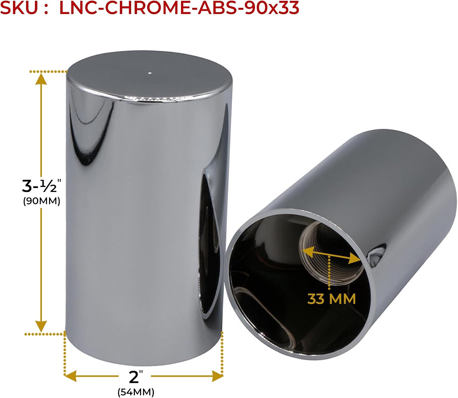 Mytee Products 120 Pcs Chrome ABS Plastic Cylinder Lug Nut Covers 33mm Thread-on Design 3-1/2'(H)- Lug Wheel Axle Nut Covers for Semi Truck, Frightliner, Volvo - Replaces # TNUT-F2L Truck Accessories
