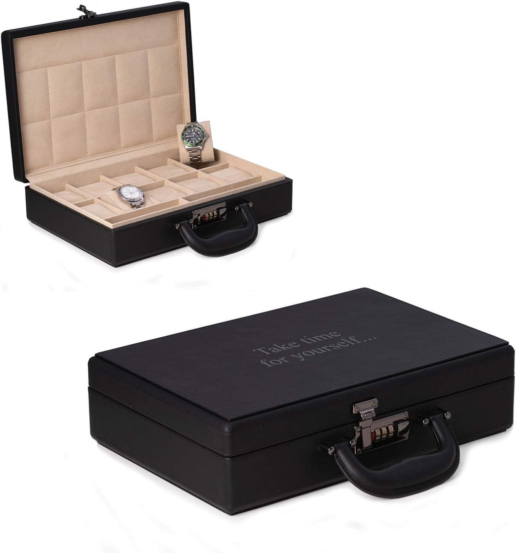 Bey-Berk Personalized Alfred Leather 10-Watch Briefcase (Black), Locking Travel Watch Storage Case with Handle and Accessory Compartments, 13.5' x 3.5' x 9.5'