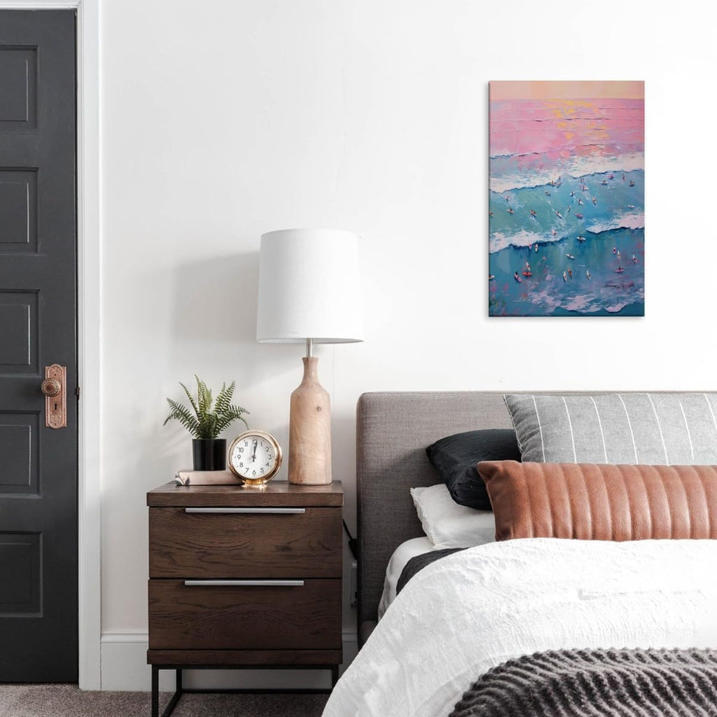 Vintage Surf Painting Tiny People Surfing Poster Abstract Ocean Wave Wall Art Pink and Blue Coastal Canvas Print Trendy Preppy Aesthetic Room Cubicle Beach House Home Decor 24x36inch frame
