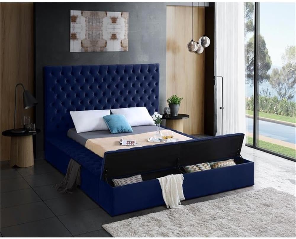 Meridian Furniture Bliss Collection Modern | Contemporary Velvet Upholstered Bed with Deep Button Tufting and Storage Compartments in Rails and Footboard, Queen, Navy