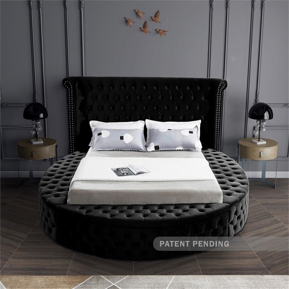 Meridian Furniture Luxus Collection Modern | Contemporary Round Shaped Velvet Upholstered Bed with Deep Button Tufting and Footboard Storage, Queen, Black