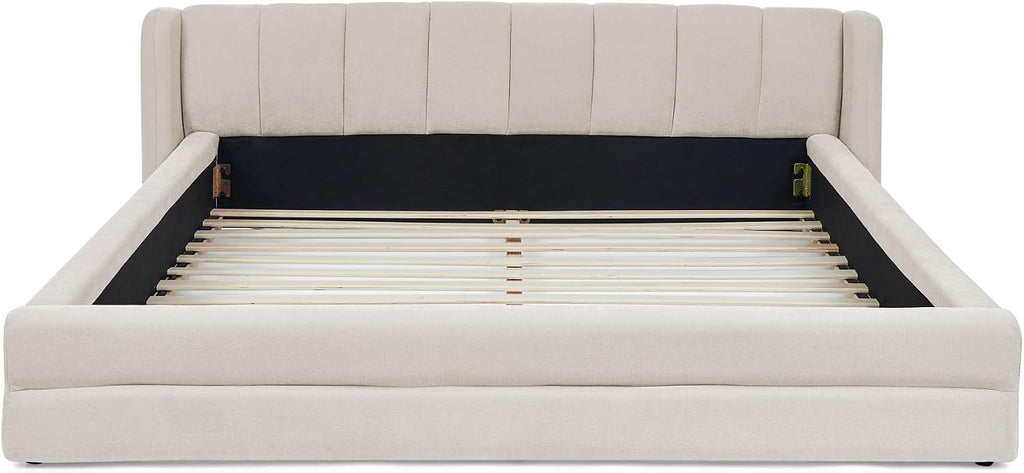 DEINPPA Queen Size Bed Frame with Cloud Soft Headboard, Chenille Upholstered Grounded Wood Base Bed Frame, No Box Spring Needed-Beige