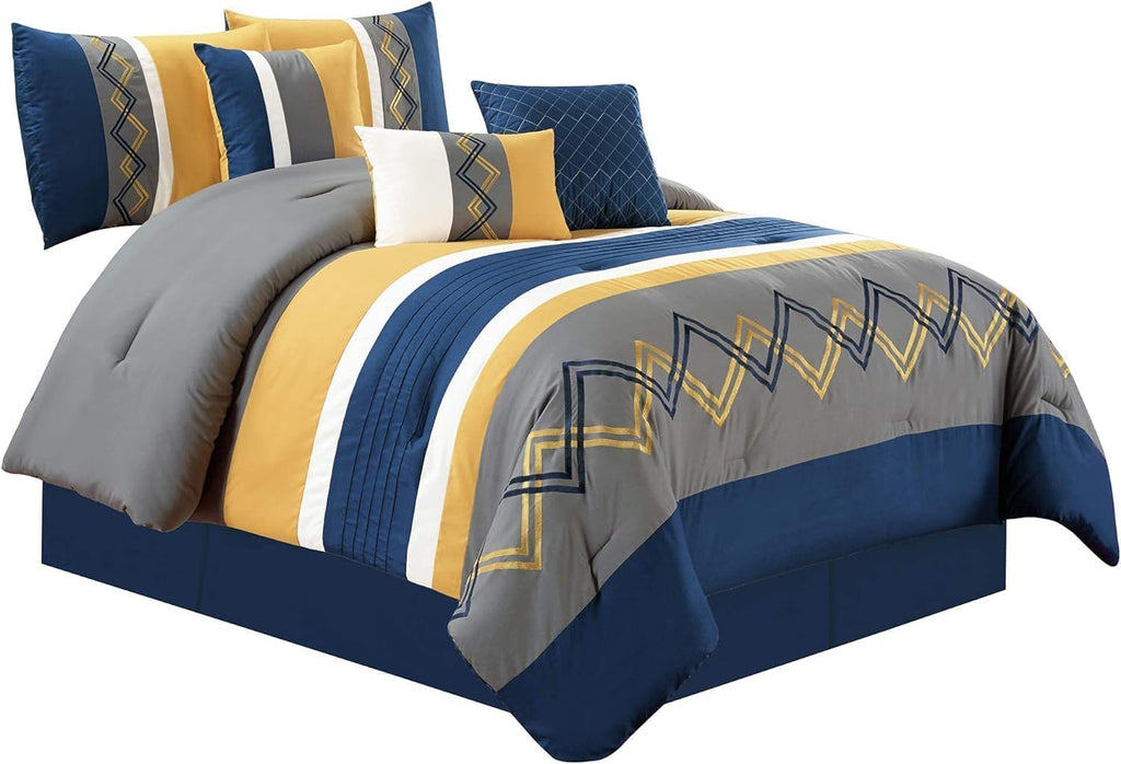 Chezmoi Collection Arden 7-Piece Modern Pleated Stripe Embroidered Zigzag Bedding Comforter Set (Oversized King, Navy/Gray/Yellow/White)