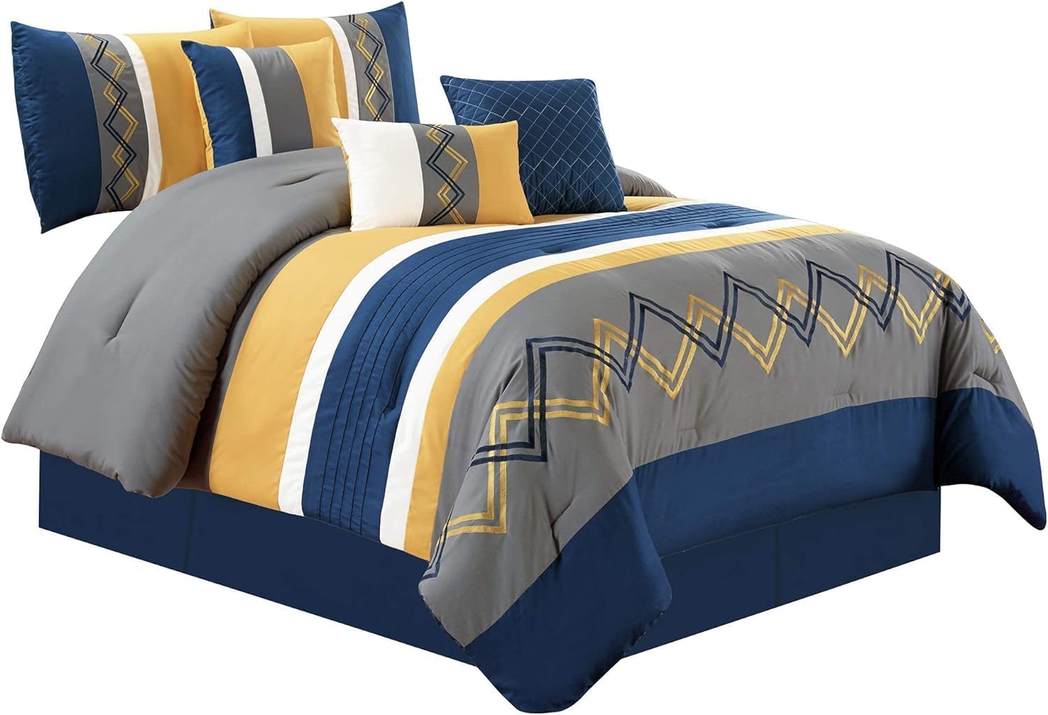 Chezmoi Collection Arden 7-Piece Modern Pleated Stripe Embroidered Zigzag Bedding Comforter Set (Oversized King, Navy/Gray/Yellow/White)
