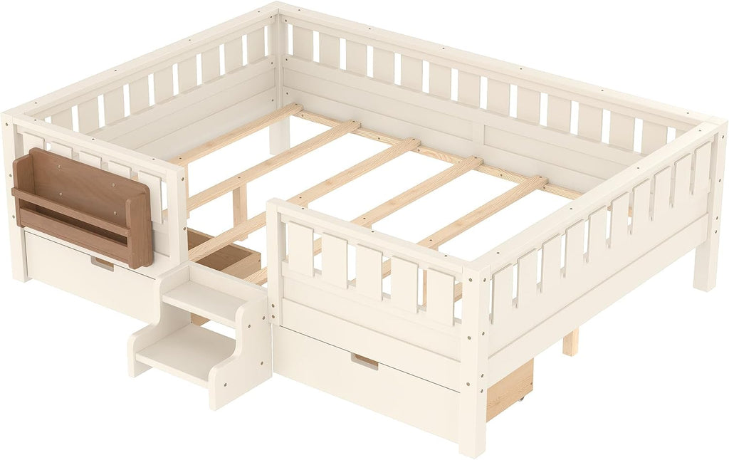 Bellemave Queen Size Montessori Bed with Slats and Stairs, Queen Size Platform Bed Frame with Fence, Bookshelf and Storage Drawers, Low Profile Beds Beds for Girls, Boys, Beige