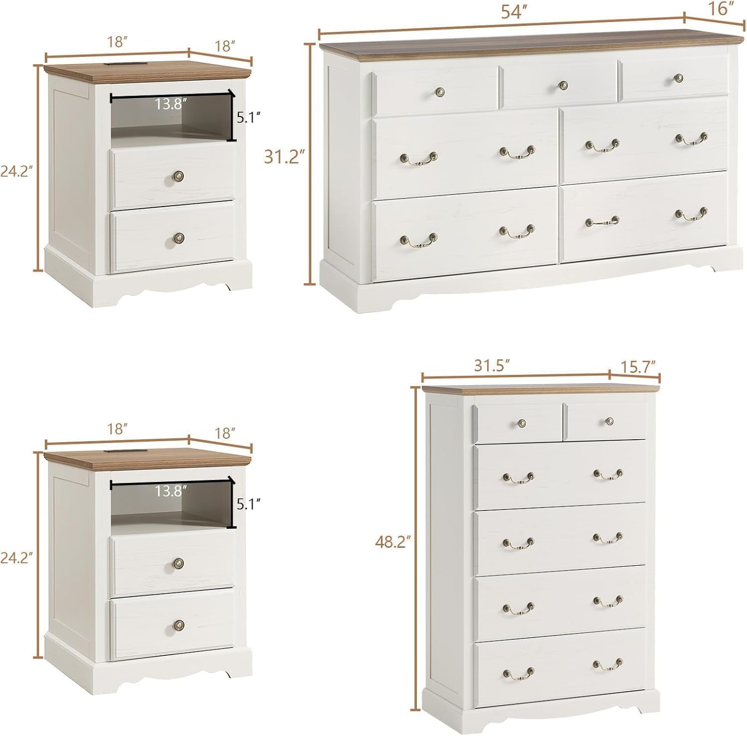 AMERLIFE 5 Pieces Farmhouse Bedroom Sets Includes King Size Farmhouse Bed Frame with 52.2' Headboard, 7 Drawers Dresser, 6 Drawer Tall Dresser, Two Nightstands with Charging Station, White