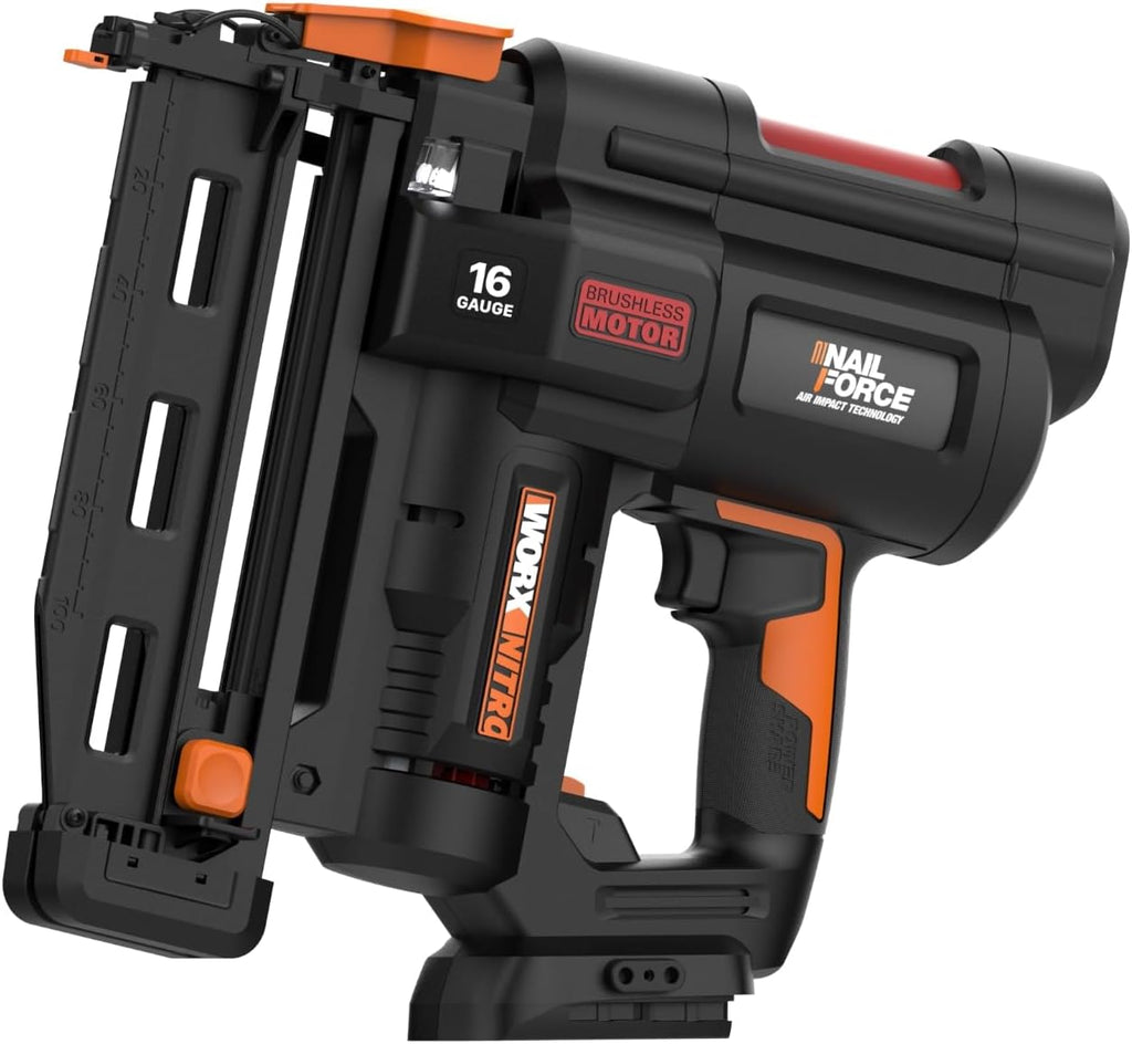 Worx Nitro 20V 16GA Finish Nailer Cordless 70 Nails/Min Sinks Up to 2-1/2', Compact Cordless Nail Gun w/Tool-Free Jam Release, Brushless Nail Gun Battery Powered WX841L.9 – Tool Only