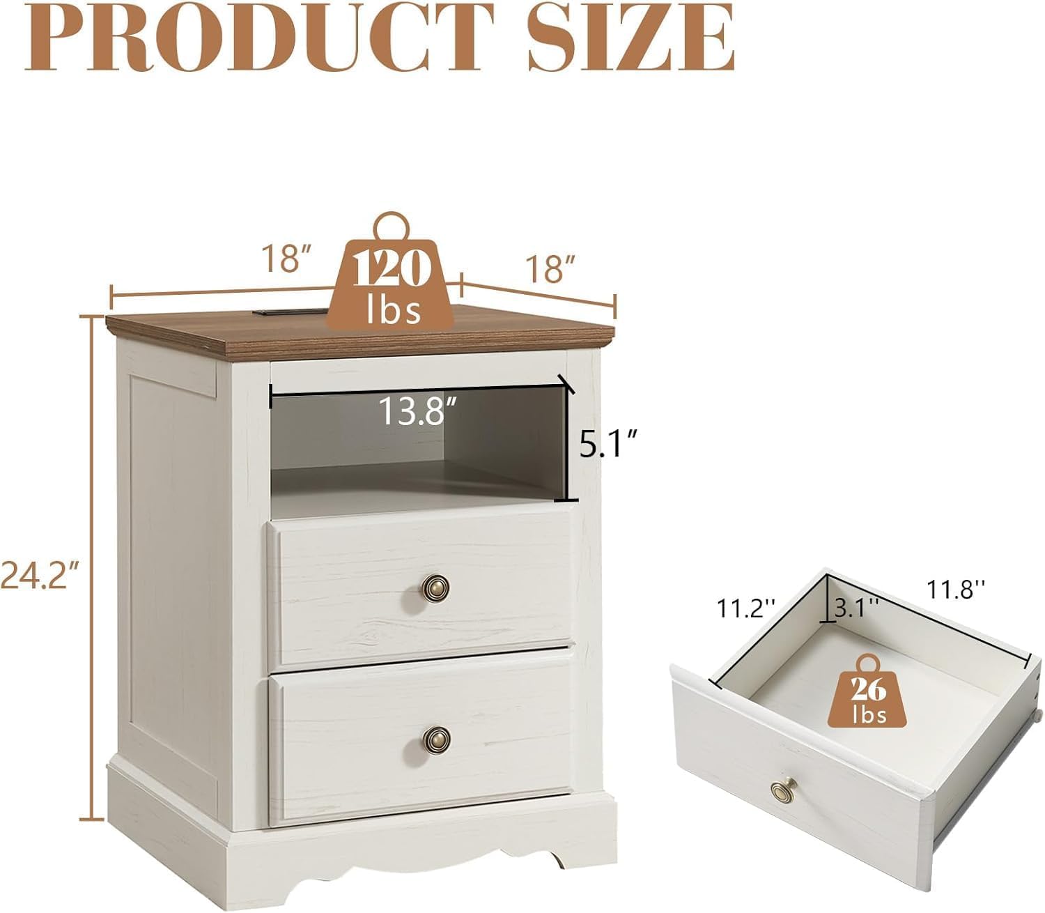 AMERLIFE Farmhouse Bedroom Furniture Set, Includes 2 Nightstands with Charging Station and 1 King Size Bed Frame with Bookcase Headboard, LED Light, Storage & USB-C Charging, Antique White