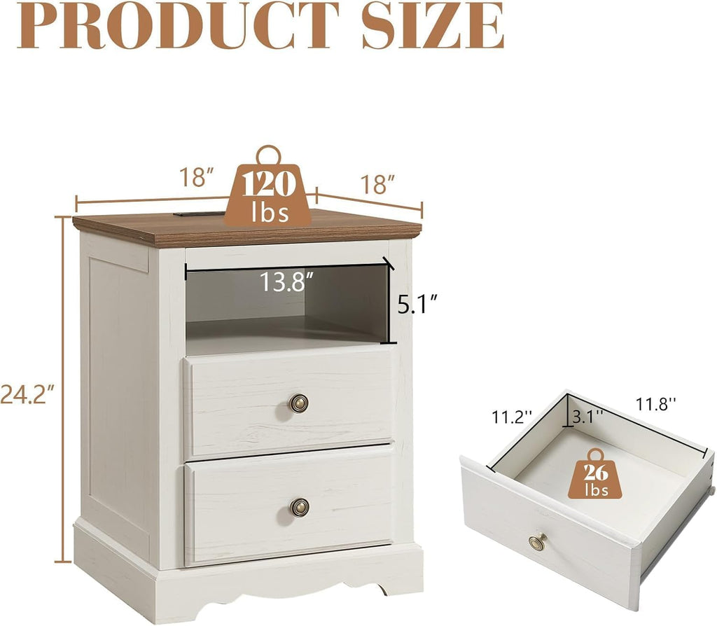 AMERLIFE Farmhouse Bedroom Furniture Set, Includes 2 Nightstands with Charging Station and 1 Full Size Wood Platform Bed Frame with Panel Headboard, Storage Drawers, No Box Spring Needed, Rustic White