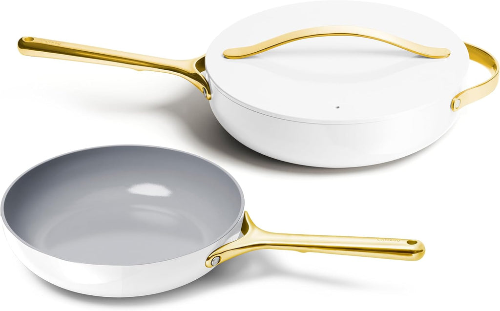 Caraway Fry Pan and Sauté Pan Duo - 10.5' Ceramic Frying Pan and 11.8' Deep Sauté Pan with Lid - Non Stick, Non Toxic, Oven Safe - White