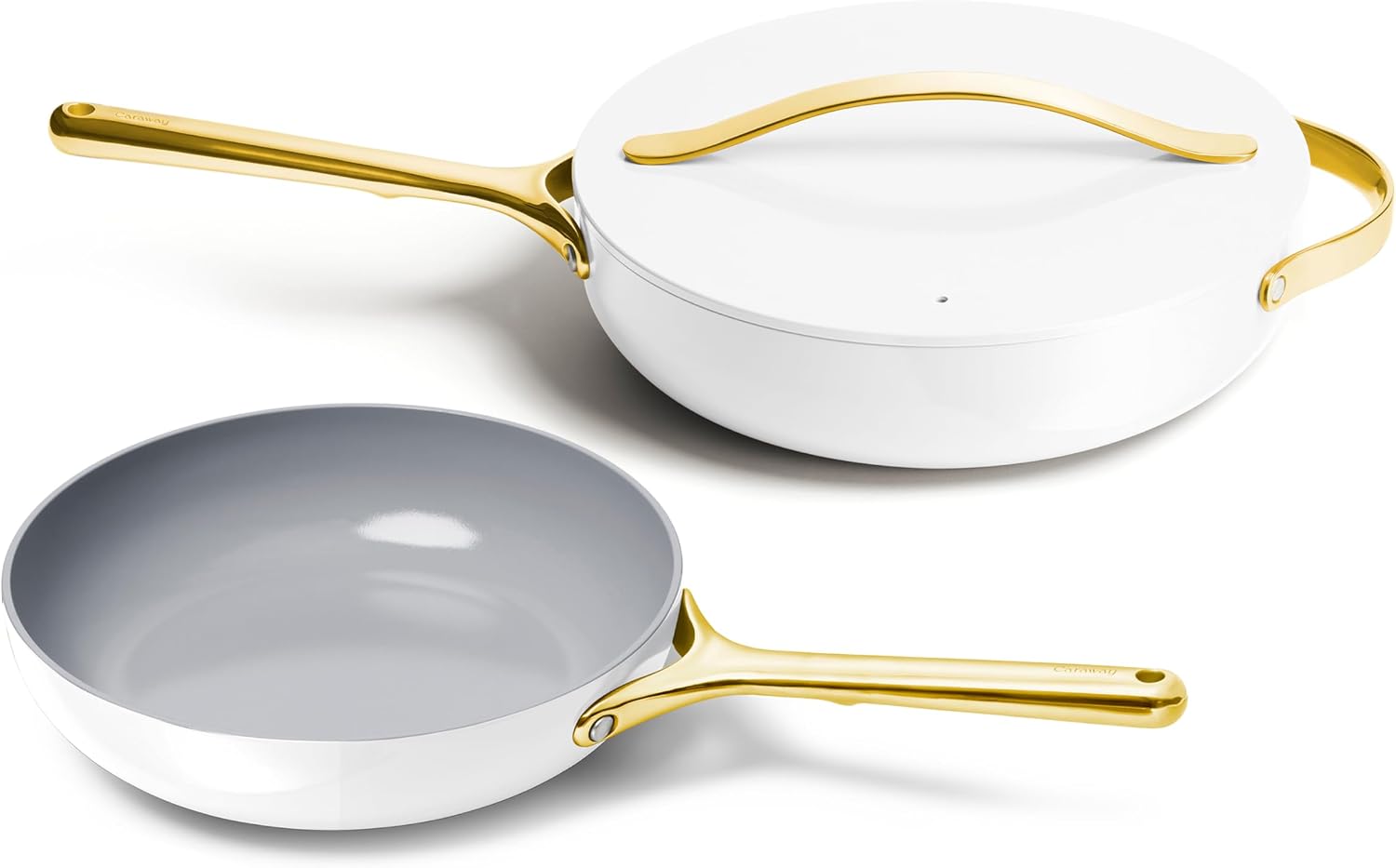 Caraway Fry Pan and Sauté Pan Duo - 10.5' Ceramic Frying Pan and 11.8' Deep Sauté Pan with Lid - Non Stick, Non Toxic, Oven Safe - White