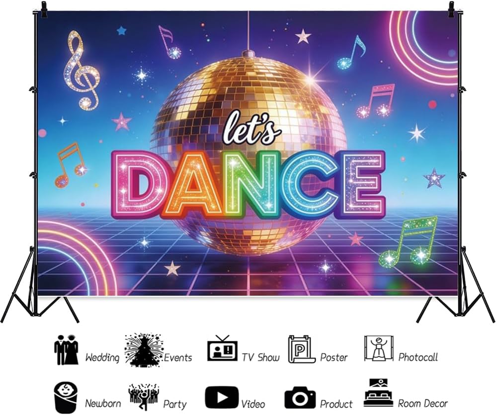 20x10ft Disco Dancing Party Backdrop Let's Dance Retro Disco Ball Retro Photography Background Banner Shining Glow Stage Photo Booth Props for Birthday Party Supplies