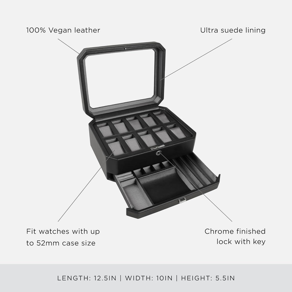 WOLF Windsor 10-Piece Watch Box with Drawer, Black - Features 10 Watch Compartments, Eight Ring Rolls & 17 Jewelry Compartments - Vegan Leather Exterior