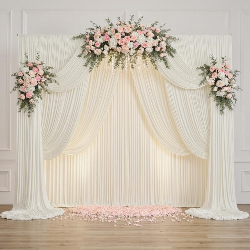 50ftx14FT Wrinkle Free Ivory Backdrop Curtain, 10 Panels 14FT Height Ivory Wedding Backdrop Drapes, Silky Polyester Back Drop Cloth for Birthday Photography Background Party Backdrop Draping