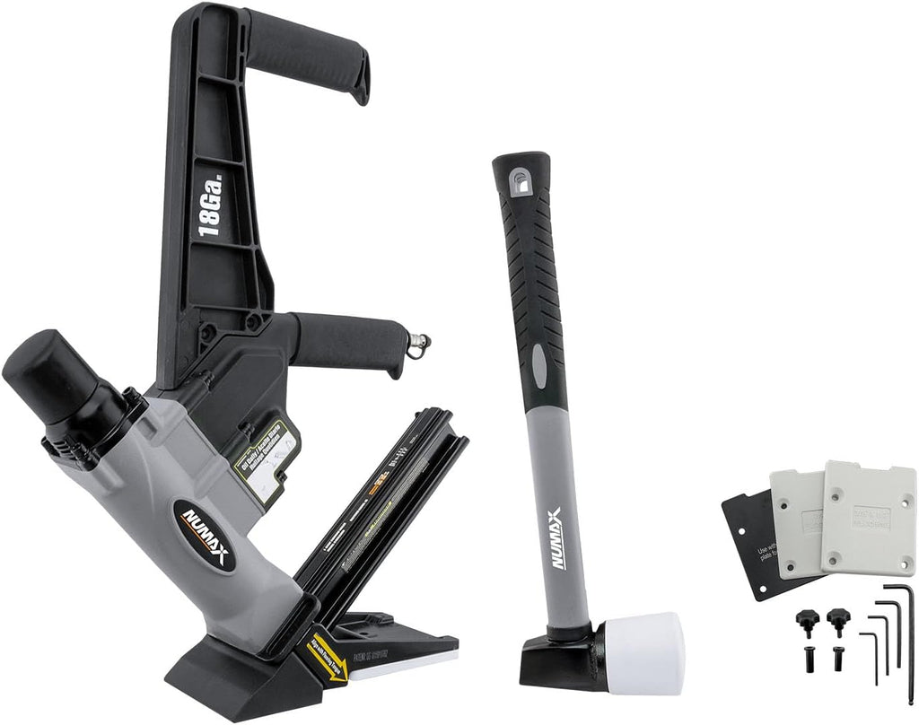 NuMax S18GLCNDH Pneumatic 18-Gauge 1-3/4' Dual Handle Flooring Nailer with Flooring Mallet and Interchangeable Base Plates