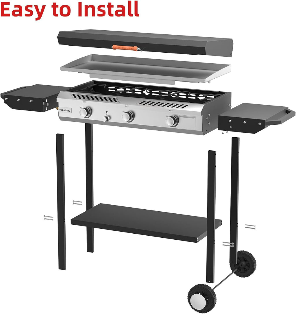 Veralune 2 in 1 Flat Top Gas Grill with Lid, Propane Gas Griddle, Outdoor Griddle Grill, Folding Side Shelves, Push-Button Ignition, Large Cooking Area