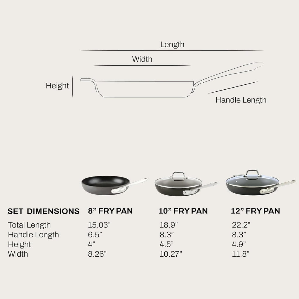 All-Clad HA1 Hard Anodized Nonstick Fry Pan Set – 5-Piece Cookware, 8', 10', 12' Skillets with Lid, Induction Compatible, Oven Safe to 500°F, Lid Safe to 350°F, Black