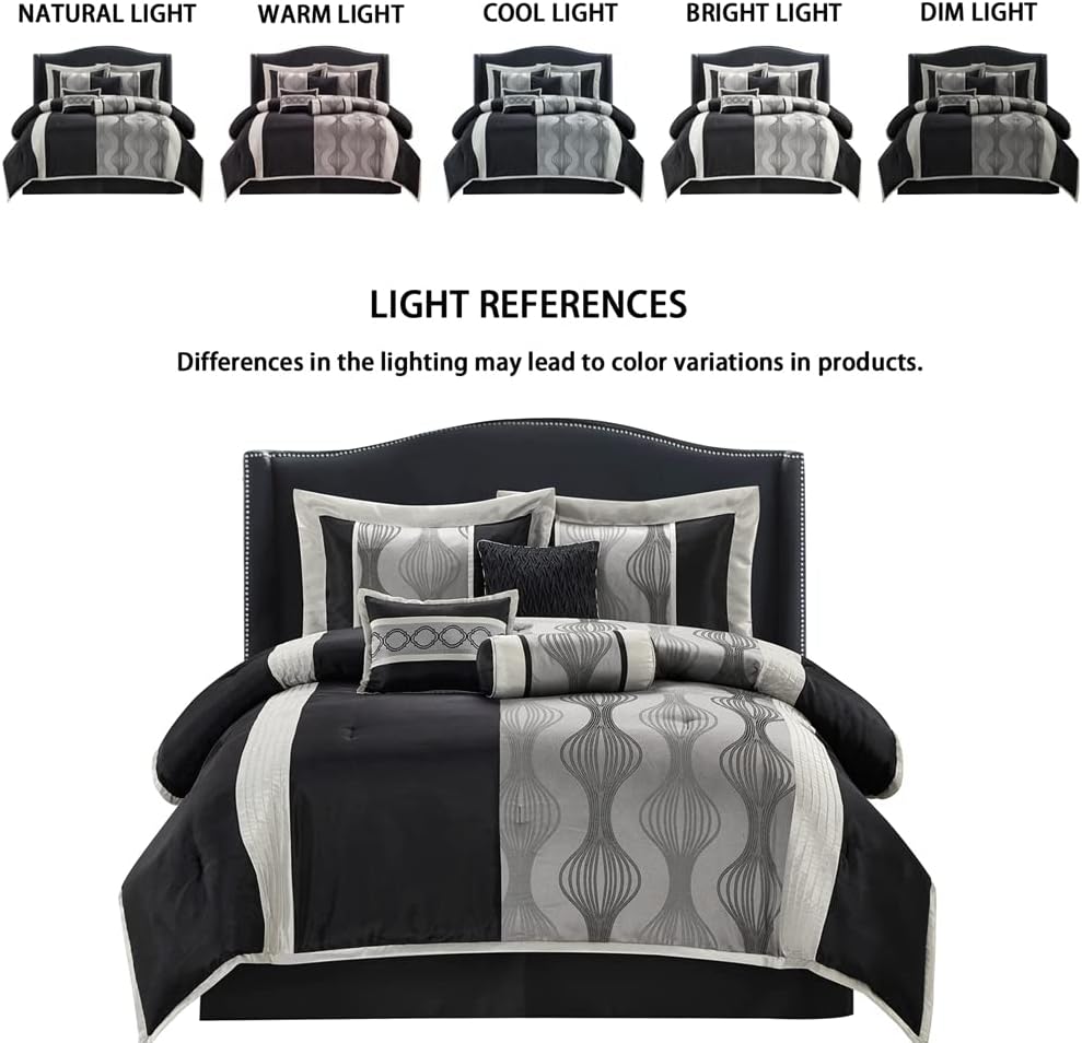 Stratford Park Black and Silver Comforter Set, 7 Pieces Queen Size Striped All Season Bedding Set