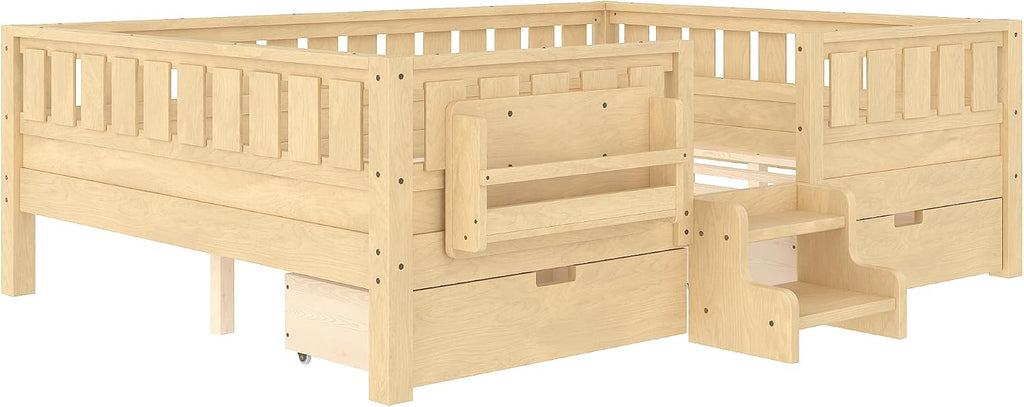 Bellemave Queen Size Bed with Slats and Stairs, Queen Size Platform Bed Frame with Fence, Bookshelf and Storage Drawers, Easy Assemble Beds for Girls, Boys, Light Natural