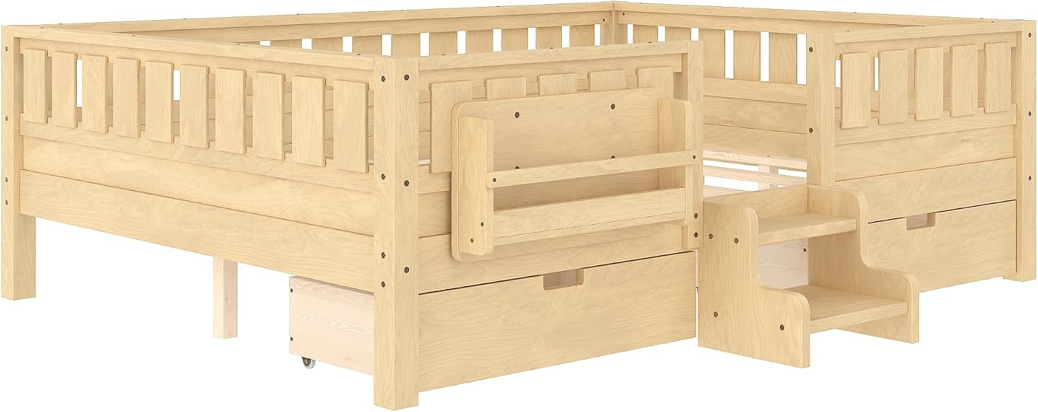 Bellemave Queen Size Bed with Slats and Stairs, Queen Size Platform Bed Frame with Fence, Bookshelf and Storage Drawers, Easy Assemble Beds for Girls, Boys, Light Natural