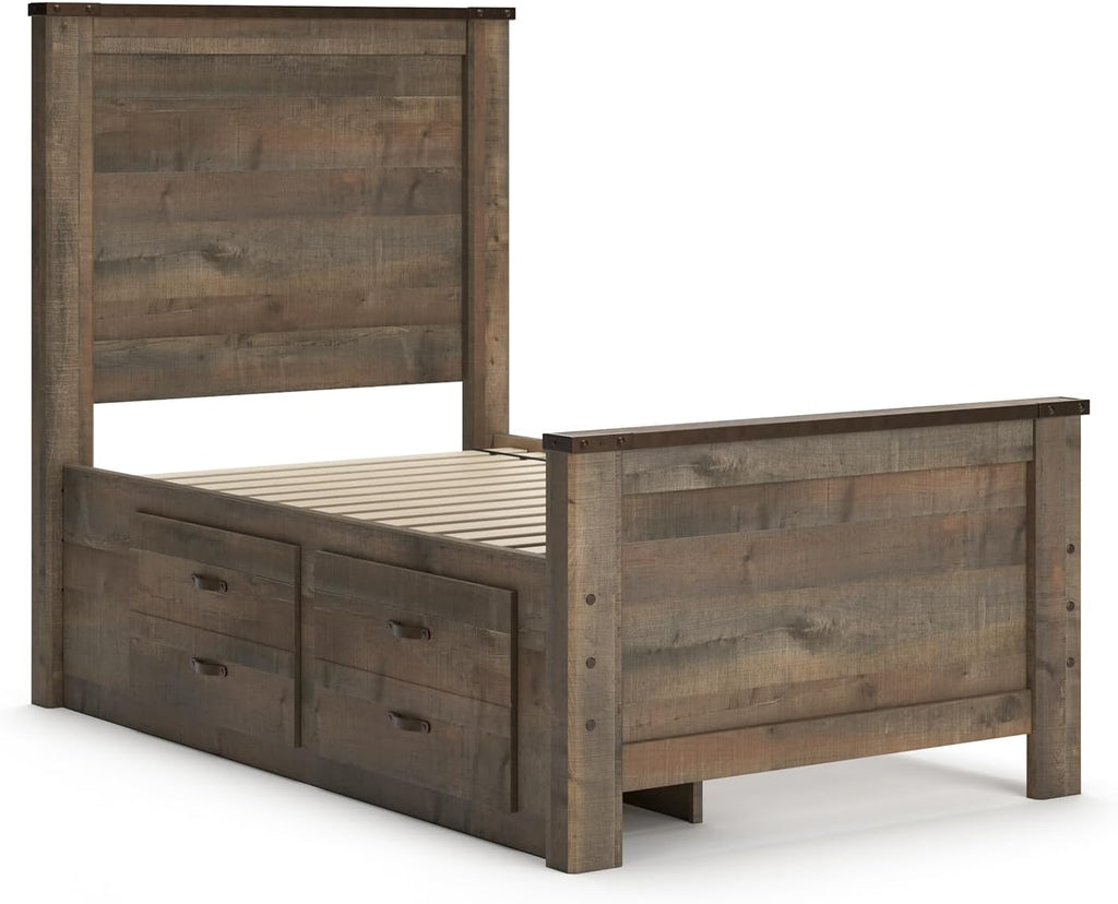 Signature Design by Ashley Trinell Casual Twin Panel Platform Bed with 2 Storage Drawers and Nailheads, Foundation or Box Spring Not Needed, Dark Brown