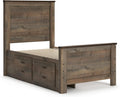 Signature Design by Ashley Trinell Casual Twin Panel Platform Bed with 2 Storage Drawers and Nailheads, Foundation or Box Spring Not Needed, Dark Brown