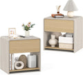 Giantex Modern Nightstand with Drawer Set of 2, Wooden Bedside Table with Storage Open Shelf, Accent End Table for Small Spaces, Curve Design Night Stand for Bedroom Couch Sofa Home Office, Oak