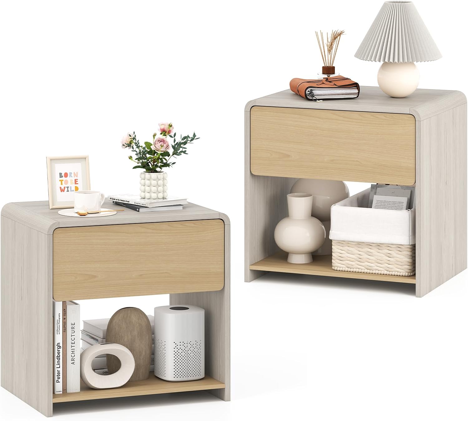 Giantex Modern Nightstand with Drawer Set of 2, Wooden Bedside Table with Storage Open Shelf, Accent End Table for Small Spaces, Curve Design Night Stand for Bedroom Couch Sofa Home Office, Oak