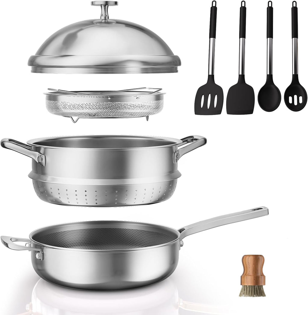 FogDream Titanium Non Stick Frying Pan, 10in Tri-Ply Stainless Steel Deep Saute Pan, 10 Piece All-in-One Cookware Set, Stay Cool Handle, Dishwasher & Oven-Safe,Induction Compatible,Silver