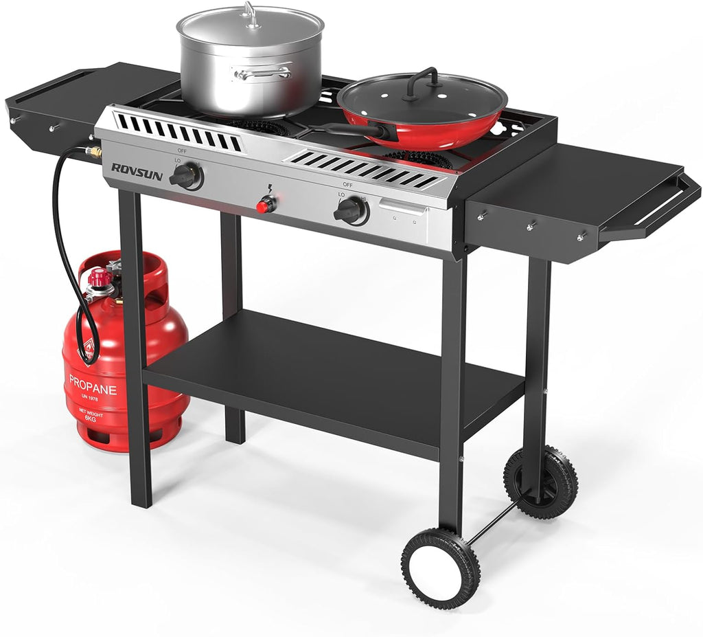 ROVSUN 2 Burner Propane Stove with Auto Ignition, 150,000 BTU Gas Stove with Side Shelves, Rolling Wheels & Regulator for Home Outdoor Backyard Camping Cooking Frying Brewing Canning