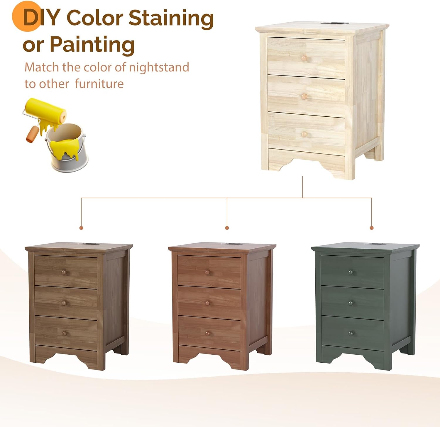 VINGLI Unfinished Rubber Wood Nightstands Set of 2 for Color DIY, 18.54' W Nightstand with Charging Station, 3 Drawer Nightstand, Real Wood Night Stands/Bed Side Table/End Table for Bedroom