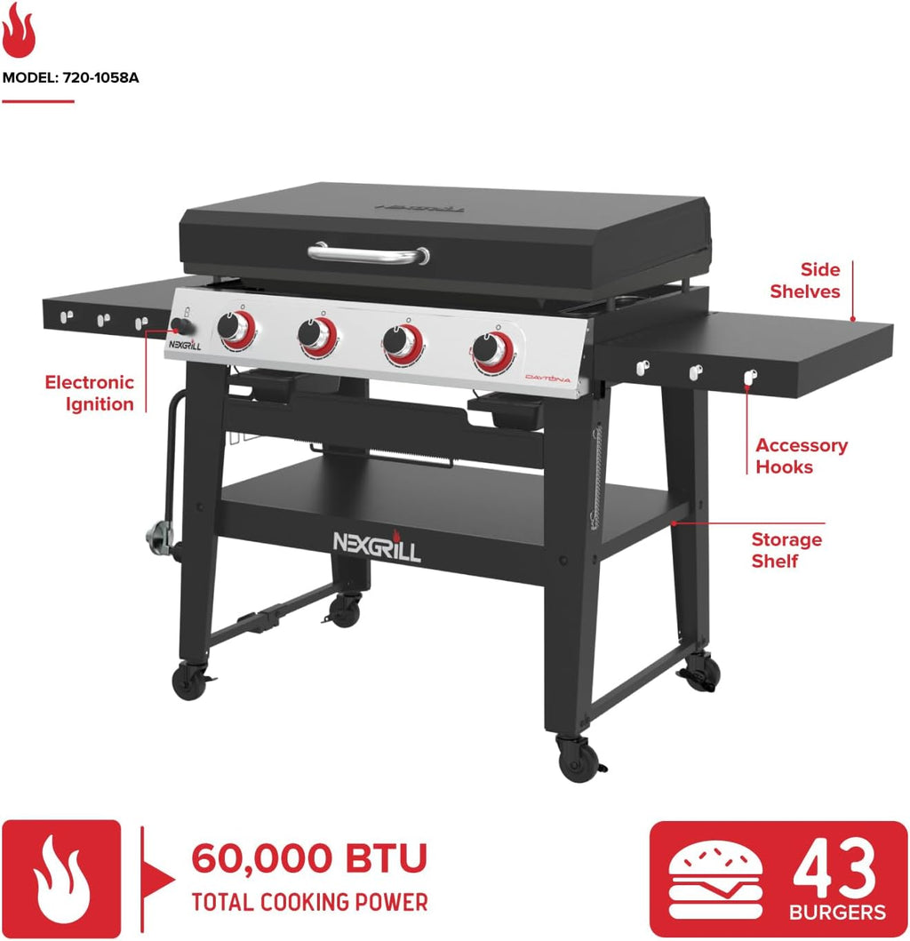 Nexgrill Daytona 4-Burner Propane Gas Griddle with Side Tables, 60000 BTU Flat Top Grill, 756 SQ In. Hot-Rolled Steel Cooking Space, Outdoor Cooking Barbeque, Black/Silver - 720-1058A