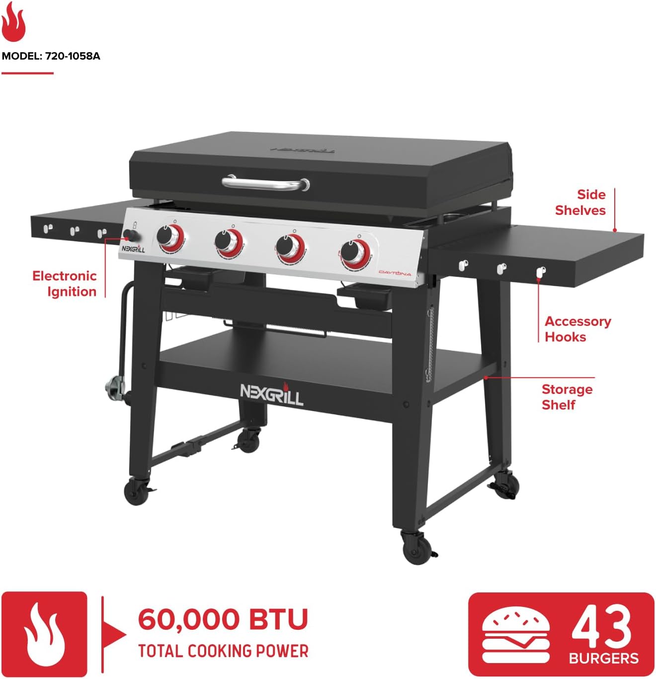 Nexgrill Daytona 4-Burner Propane Gas Griddle with Side Tables, 60000 BTU Flat Top Grill, 756 SQ In. Hot-Rolled Steel Cooking Space, Outdoor Cooking Barbeque, Black/Silver - 720-1058A