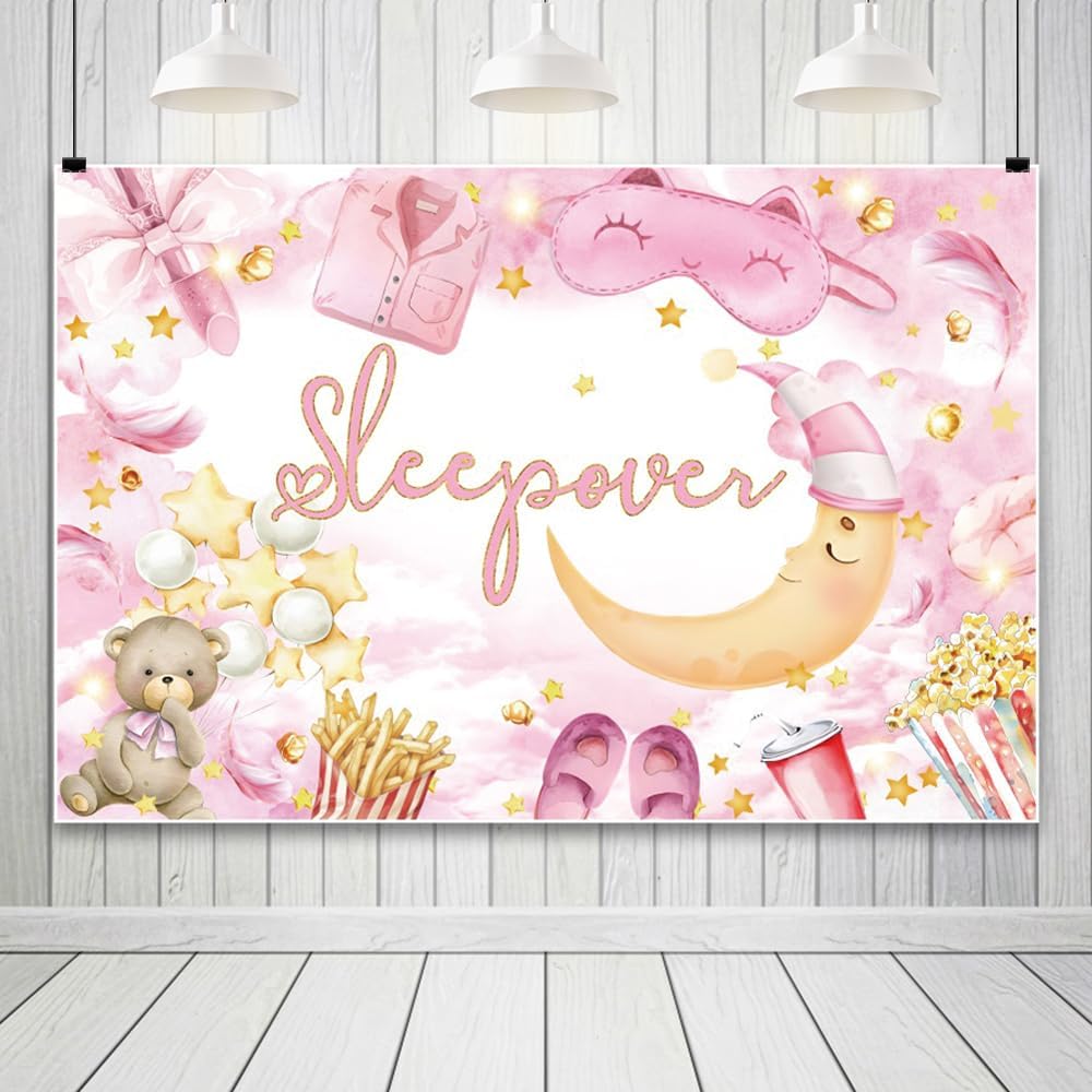 20x10ft Happy Birthday Backdrop Sleepover Party Background Movie Night Slumber Party Birthday Party Decorations Colorful Pajama Girls Pillow Fight Theme Spa Makeup Night Pink Banner Supplies