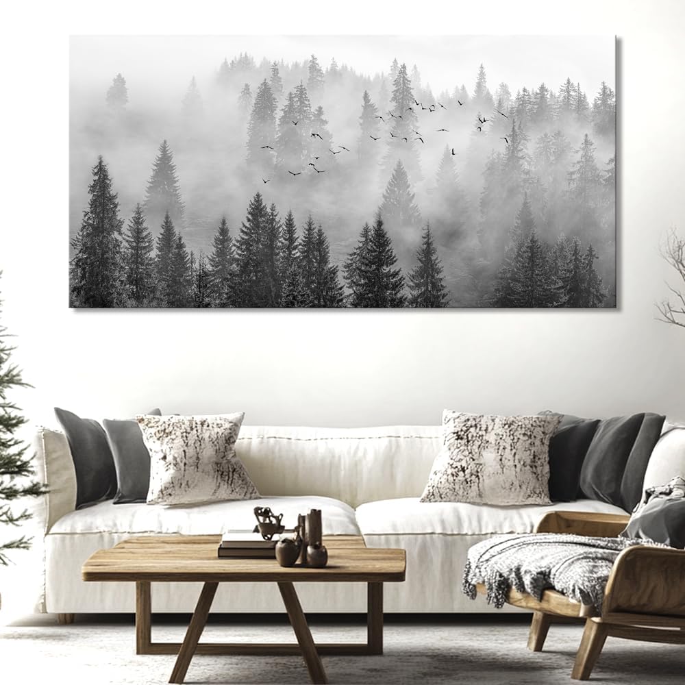 vgrozirh Wall Art Foggy Forest Black and White Wall Art Nature Landscape Mountain Photographic Printed on Canvas for Bedroom Living Room Office Home Decor Ready to Hang 79'x40'(200X100CM)