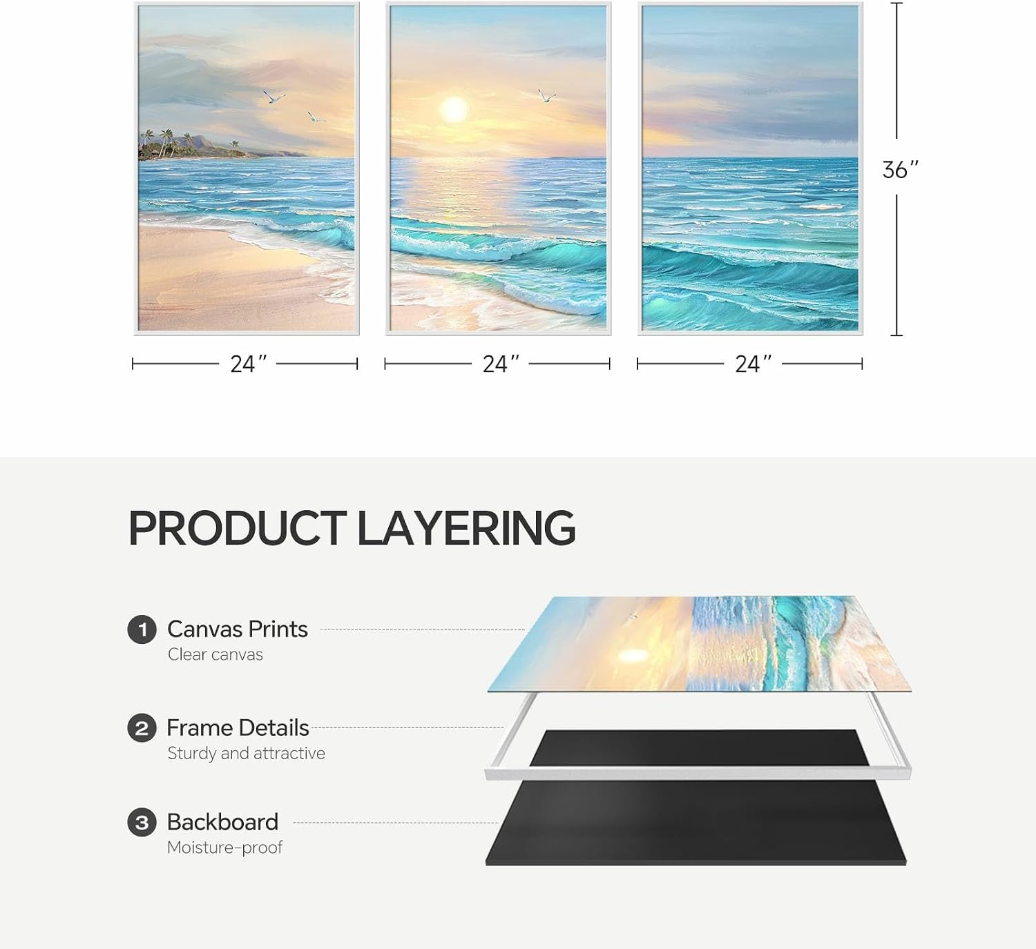 Framed Coastal Beach Wall Art for Living Room, Large 3 Piece Blue Ocean Canvas Artwork for Walls, Modern Beachy Sunrise Painting Prints for Dining Room Home Office Wall Decor, 24x36 Inch
