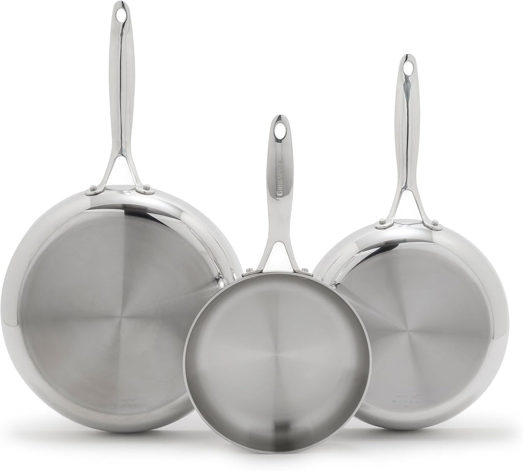 GreenPan Valencia Pro Tri-Ply Stainless Steel 8', 9.5' & 11' Frying Pan Skillet Set, Induction Ready, Mirror Finish, Dishwasher Safe & Oven/Broiler Safe to 600F, Compatible with All Cooktops