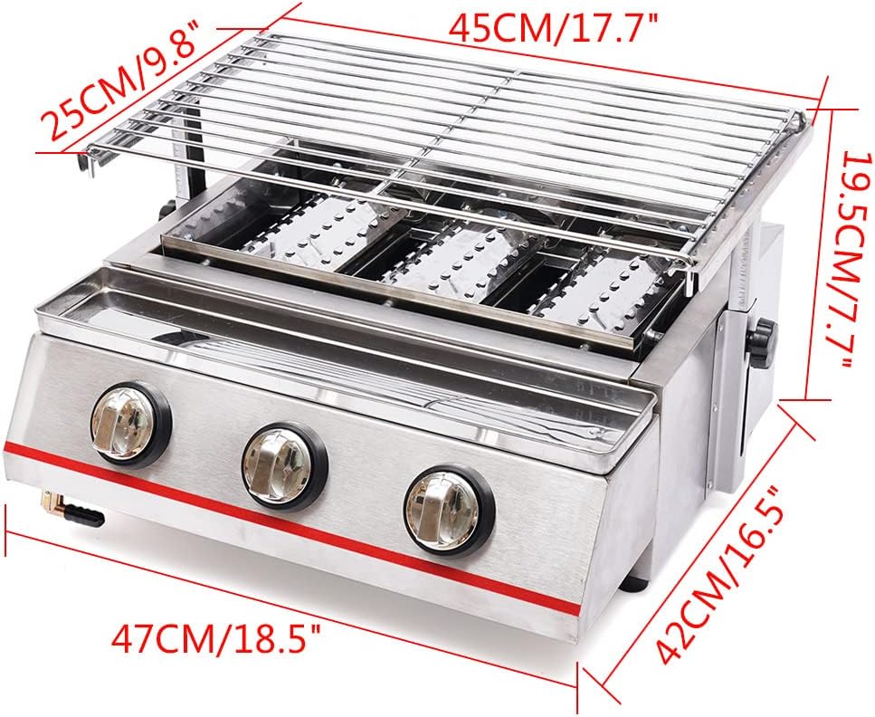 Commercial Countertop Gas Grill, 3 Burner LPG Indoor Smokeless Gas Grill Barbecue Griddle, Adjustable Height Non-stick Stainless Steel Gas Yakitori Grill for Restaurant, Camping, Picnic