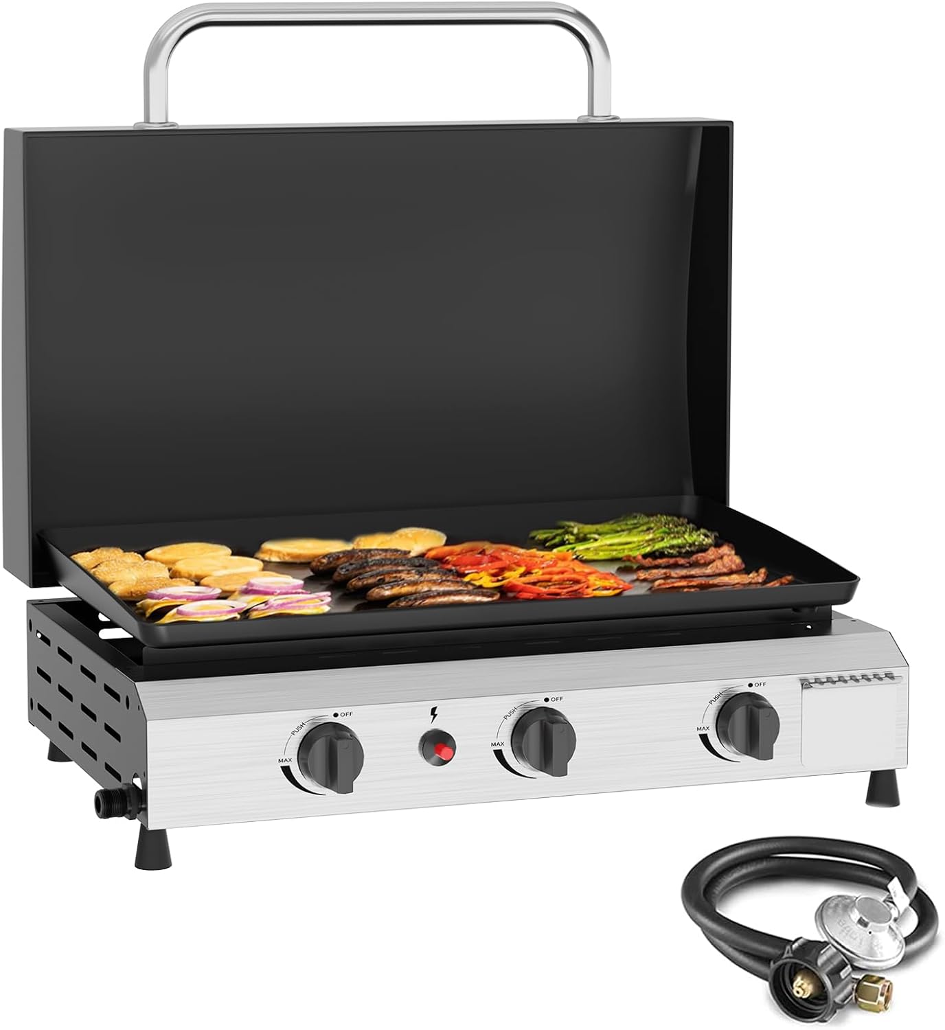 SKOK 3 Burner Gas Griddle with Lid- 25.6 Inch Outdoor Propane Griddle- Portable Flat Top Gas Grill Camping Griddle for Kitchen, Outdoor BBQ, Camping Tailgating or Picnicking