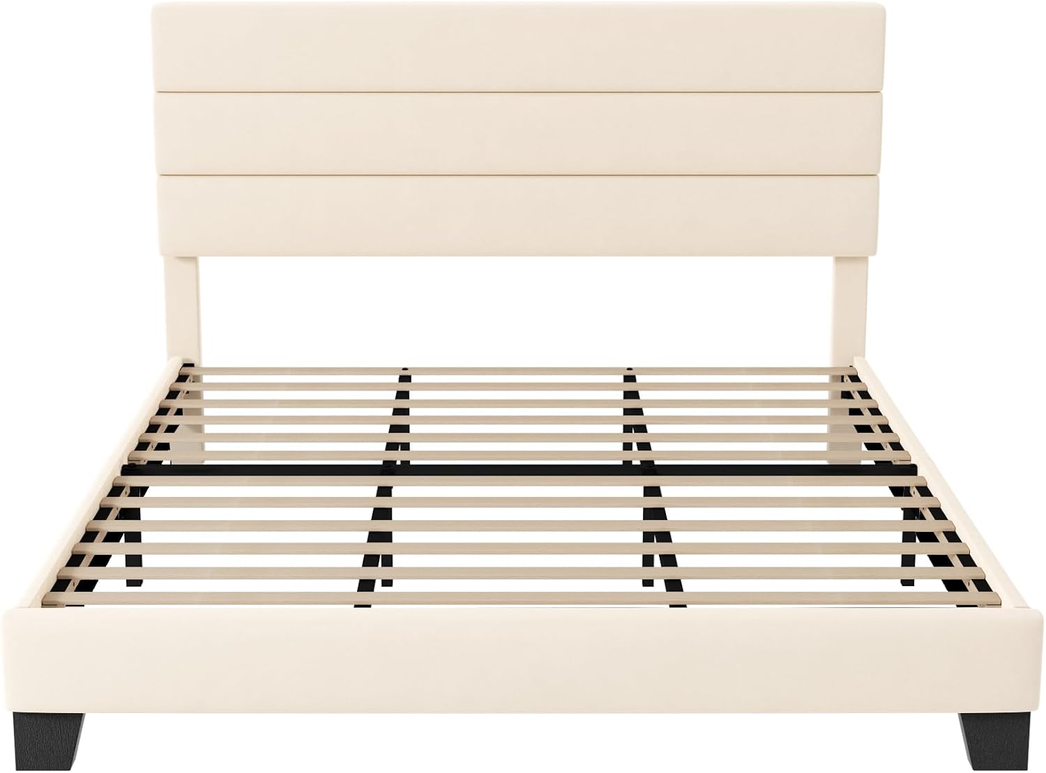 Allewie King Size Platform Bed Frame with Velvet Upholstered Headboard and Wooden Slats Support, Fully Upholstered Mattress Foundation/No Box Spring Needed/Easy Assembly, Cream