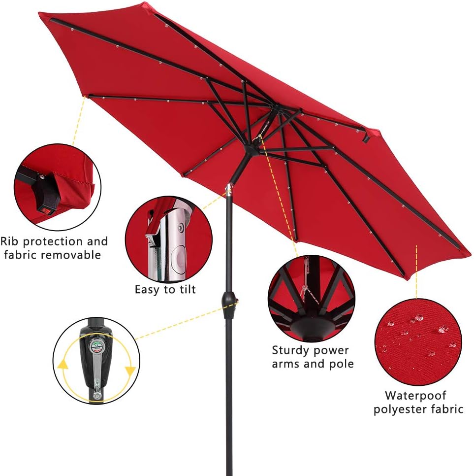 Patio Umbrella 9FT Round Outdoor Market Table Umbrella Waterproof Folding Sunshade Umbrella with Solar LED Light for Outdoor Beach Deck Garden Party Decoration (Without Unbrella Base, Wine Red)