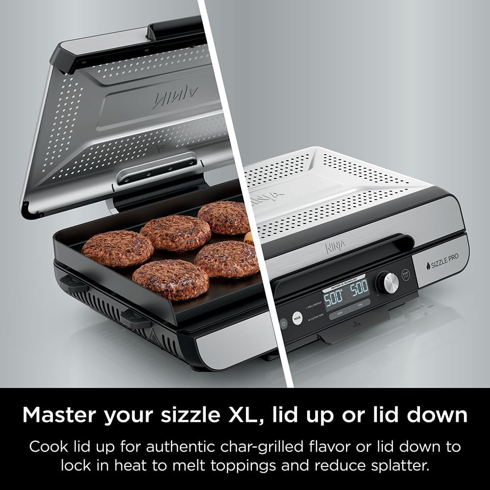 Ninja Sizzle Pro XL 20-Inch Indoor Griddle + Grill, Detachable Ventilated Lid, Grease Control, Ceramic Nonstick Plates, Even Edge-to-Edge Cooking, XL Capacity, Versatile, Silver GX101 (Renewed)