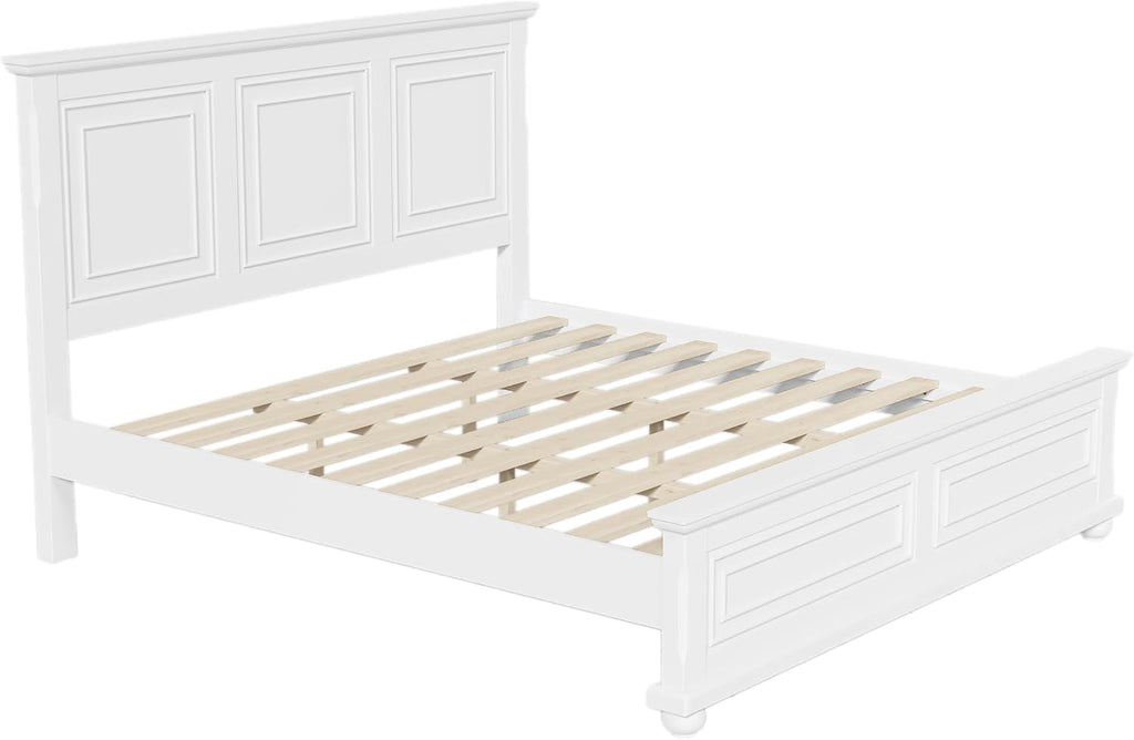 Merax King Size Bed Frames Traditional Town and Country Style Pinewood Vintage Bed,No Box Spring Needed,White