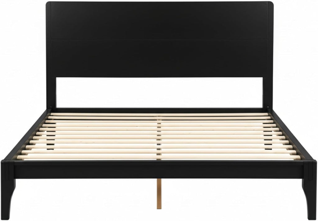 Merax Queen Size Bamboo Platform Bed, Mid-Century Modern Bed Frame with Tall Headboard, Solid Sustainable Bedframe Queen-Size, Wood Slat Support, No Box Spring Needed, Easy Assembly, Noise Free, Black