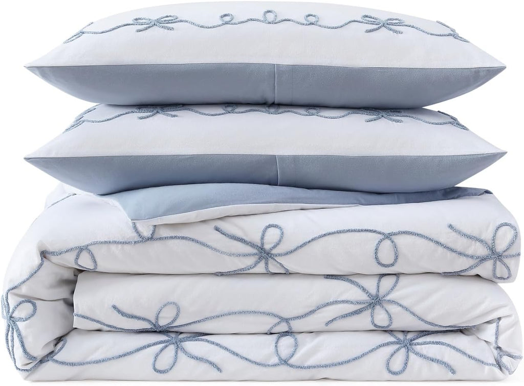 Peri Home Bows Bedding Cottage Core 100% Cotton 3-Piece Comforter and Sham Set, Full/Queen, Blue Sasha Bows
