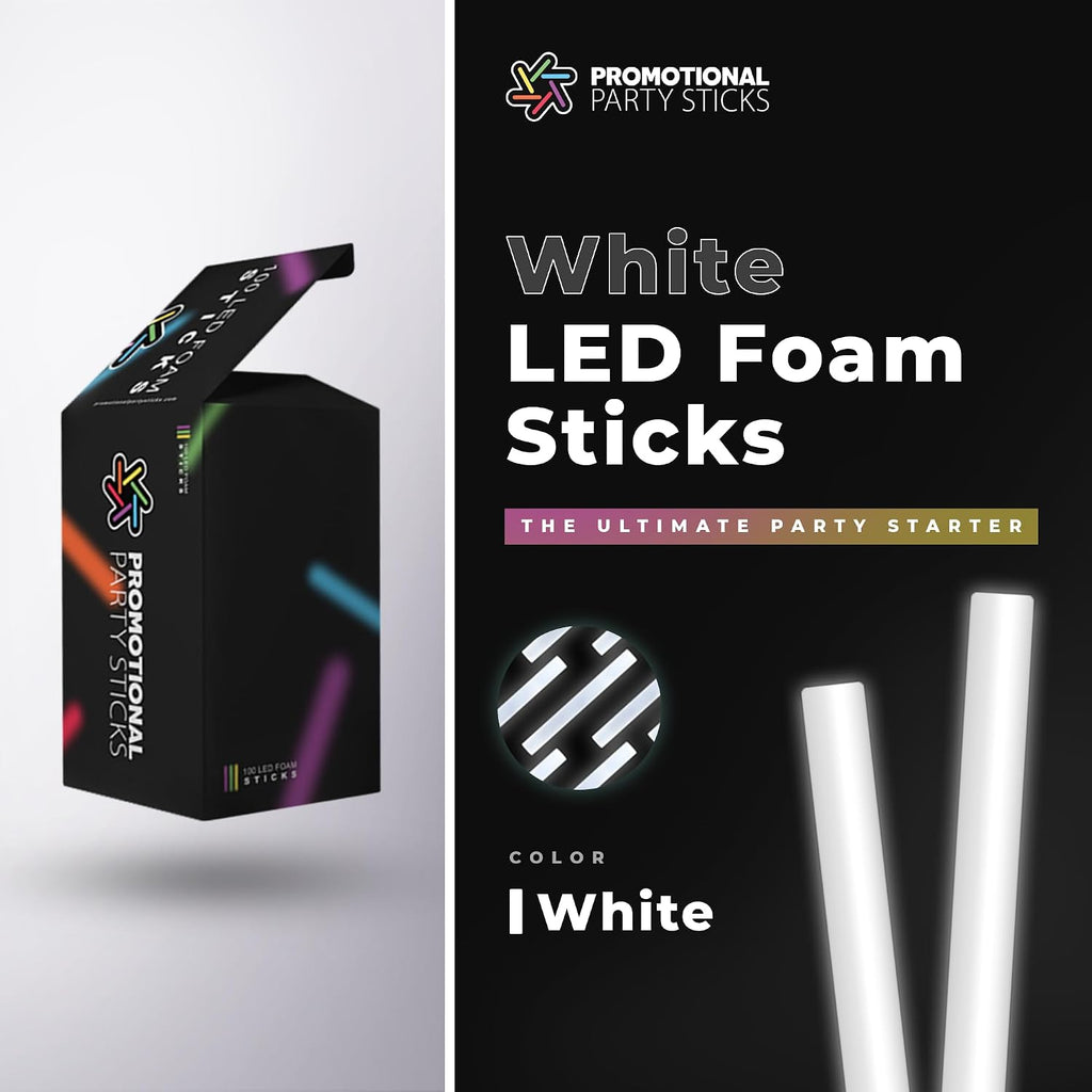 Foam Glow Sticks Bulk - 100 White Foam Light Up Sticks and LED Foam Sticks - 100 Reusable 16' Light Up Foam Sticks White Foam Glow Sticks for Wedding, Parties, and Dancing