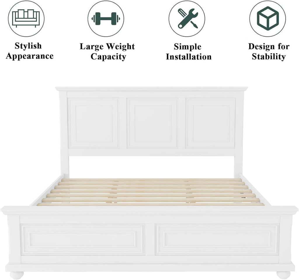 Wood Bed Frame King with Tall Headboard & Footboard, Traditional King Panel Bed with USB Charging Station for Bedroom, Guest Room, Easy Assembly, No Box Spring Required,White